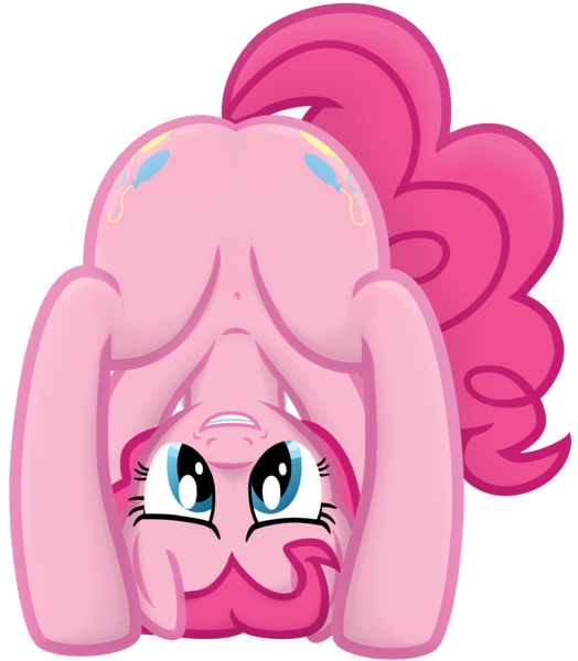 Size: 1749x2002 | Tagged: suggestive, alternate version, artist:fluttershyfann80085, derpibooru import, pinkie pie, earth pony, pony, balloonbutt, belly button, both cutie marks, butt, female, grin, image, looking at you, looking back, looking back at you, looking between legs, plot, png, show accurate, simple background, smiling, solo, spread legs, spreading, transparent background, upside down, vector