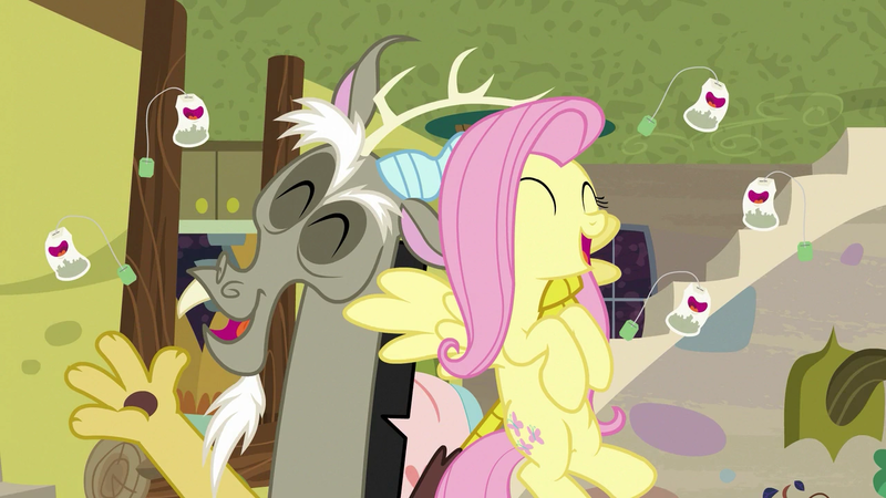 Size: 1280x720 | Tagged: safe, derpibooru import, edit, edited screencap, screencap, discord, fluttershy, draconequus, pegasus, pony, discordant harmony, duo, eyes closed, female, flying, image, laughing, male, open mouth, png, rotated, teabag, upside down