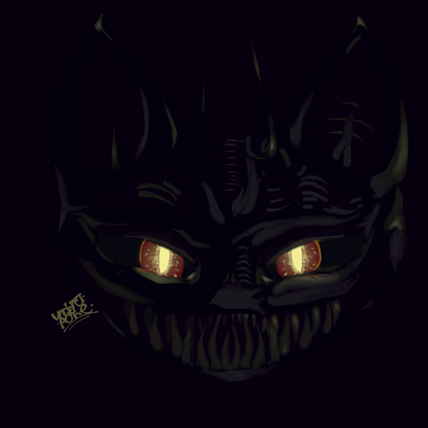 Size: 3000x3000 | Tagged: semi-grimdark, artist:umbrapone, derpibooru import, oc, demon, demon pony, monster pony, original species, pony, bat ears, dark, evil grin, fangs, glowing eyes, grin, hard to see, highlights, image, paranoia fuel, png, red eyes, scary face, signature, slitted eyes, small horns, smiling, solo, spooky