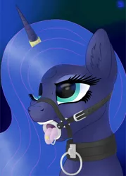 Size: 2500x3500 | Tagged: suggestive, artist:max_torreto, derpibooru import, princess luna, pony, bondage, collar, derpibooru exclusive, female, gag, horn, horn ring, image, jewelry, magic suppression, mare, piercing, png, ring, ring gag, solo, tongue out, tongue piercing