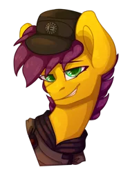 Size: 1500x2000 | Tagged: safe, artist:lazymishel, derpibooru import, oc, oc:yellow jack, bust, enclave, enclave uniform, image, png, portrait, smiling, smirk, smug