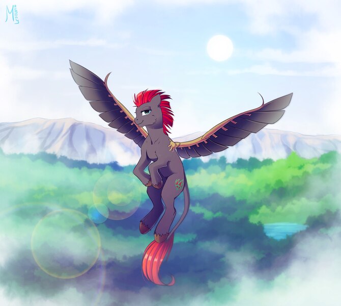 Size: 1675x1500 | Tagged: safe, artist:margony, derpibooru import, oc, oc:tan-dreamstiller, unofficial characters only, pony, artificial wings, augmented, image, jpeg, leonine tail, solo, wings