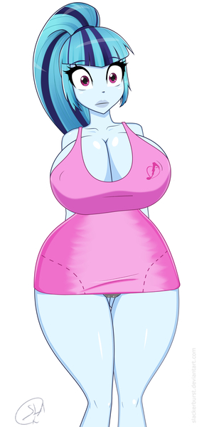 Size: 3136x6400 | Tagged: questionable, artist:slackerburst, derpibooru import, edit, editor:rufusscridgemore, sonata dusk, equestria girls, big breasts, breasts, busty sonata dusk, cameltoe, cleavage, clothes, derpibooru exclusive, dress, huge breasts, image, jpeg, looking at you, panties, surprised, underwear, wide hips