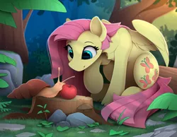 Size: 2400x1860 | Tagged: safe, artist:yakovlev-vad, derpibooru import, fluttershy, pegasus, pony, snail, apple, cute, female, food, forest, image, mare, png, scenery, shyabetes, solo, tree, tree stump