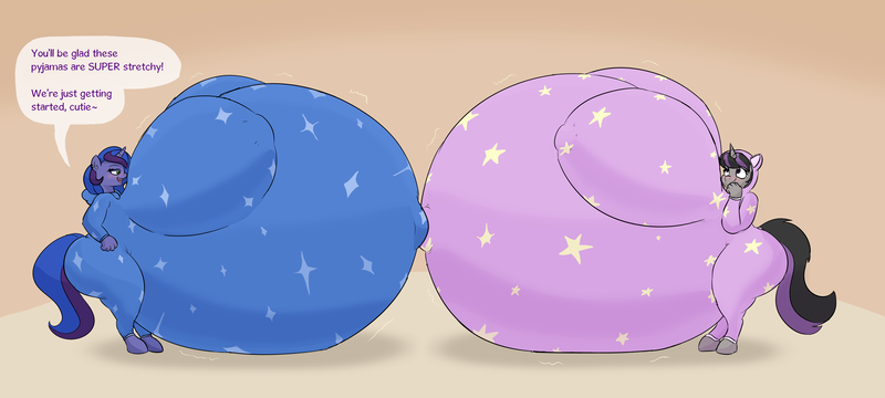 Size: 4500x2024 | Tagged: suggestive, artist:comfyplum, derpibooru import, oc, oc:blue monday, oc:magna-save, unofficial characters only, anthro, unguligrade anthro, unicorn, belly, belly button, belly on floor, big belly, big breasts, blushing, breasts, butt, clothes, dialogue, duo, duo female, female, hood, huge belly, huge breasts, hyper, hyper belly, hyper breasts, hyper pregnancy, image, impossibly large belly, impossibly large breasts, large butt, onesie, outie belly button, pajamas, png, pregnant
