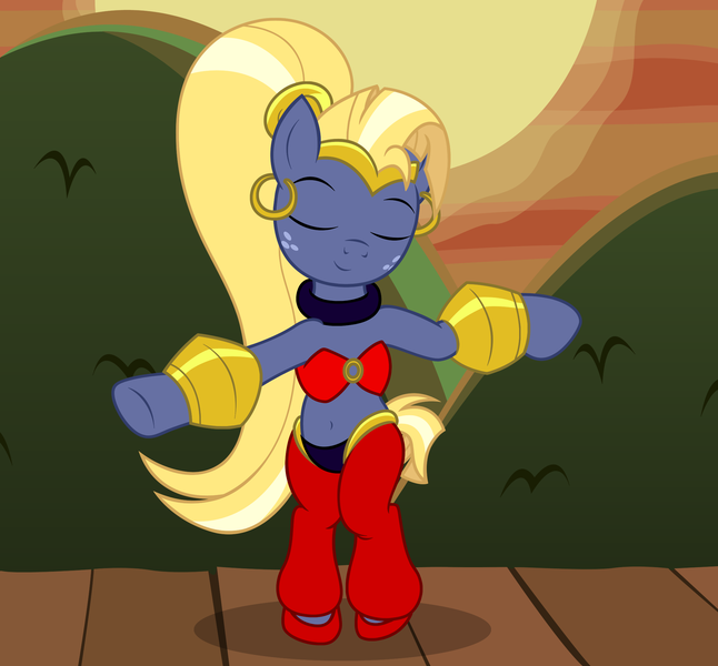Size: 2184x2030 | Tagged: safe, artist:badumsquish, derpibooru import, star tracker, genie, pony, unicorn, once upon a zeppelin, adorasexy, belly, belly button, belly dance, belly dancer, bipedal, bra, clothes, collar, cosplay, costume, crossplay, cute, dancing, derpibooru exclusive, ear piercing, earring, eyes closed, femboy, freckles, image, jewelry, long hair, male, pants, piercing, png, ponytail, sexy, shantae, shantae and the seven sirens, shoes, show accurate, smiling, solo, stage, starcrossed, tiara, trackerbetes, underwear