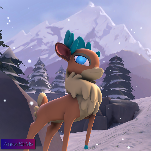 Size: 979x979 | Tagged: safe, artist:antonsfms, derpibooru import, velvet reindeer, deer, them's fightin' herds, 3d, community related, cropped, female, image, koth viaduct, mountain, png, sfm pony, snow, solo, source filmmaker, watermark