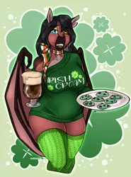 Size: 2682x3633 | Tagged: safe, artist:blackblood-queen, derpibooru import, oc, unofficial characters only, anthro, dracony, dragon, hybrid, unguligrade anthro, alcohol, anthro oc, beer, bow, clothes, clover, cookie, digital art, female, food, holiday, image, milf, mother, one eye closed, oversized clothes, oversized shirt, png, saint patrick's day, shirt, slit eyes, socks, solo, stockings, thigh highs, torn ear, wink