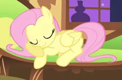 Size: 840x550 | Tagged: safe, derpibooru import, screencap, fluttershy, pegasus, pony, stare master, cropped, cute, eyes closed, female, fluttershy's cottage, image, lying down, mare, png, prone, shyabetes, sleeping, solo