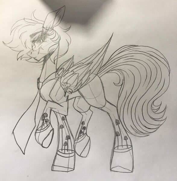 Size: 1080x1103 | Tagged: safe, artist:moshi.poni, derpibooru import, oc, unofficial characters only, pegasus, pony, amputee, eyelashes, female, image, jpeg, lineart, mare, monochrome, necktie, pegasus oc, prosthetic leg, prosthetic limb, prosthetics, raised hoof, smiling, solo, traditional art, wings