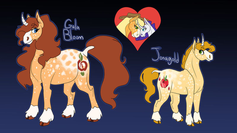 Size: 1280x720 | Tagged: safe, artist:lulemoona, derpibooru import, applejack, rarity, oc, oc:gala bloom, oc:jonagold, earth pony, pony, unicorn, female, heart, image, jpeg, lesbian, magical lesbian spawn, offspring, parent:applejack, parent:rarity, parents:rarijack, rarijack, shipping