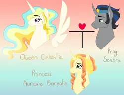 Size: 1280x982 | Tagged: safe, artist:akajulester, derpibooru import, king sombra, princess celestia, oc, oc:princess aurora borealis, alicorn, pony, unicorn, celestibra, family, family tree, female, good king sombra, gradient background, heart, image, jpeg, male, mare, offspring, parent:king sombra, parent:princess celestia, parents:celestibra, shipping, stallion, straight