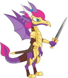 Size: 3368x3824 | Tagged: safe, artist:andrevus, derpibooru import, oc, oc:pinkmane, unofficial characters only, dragon, armor, dragonified, image, png, scabbard, simple background, solo, species swap, sword, transparent background, weapon