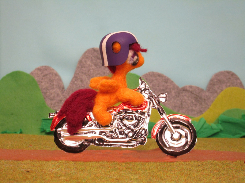 Size: 5152x3864 | Tagged: safe, alternate version, artist:malte279, derpibooru import, scootaloo, pegasus, craft, felting, female, harley davidson, helmet, image, irl, jpeg, metal foil, motorcycle, needle felted, photo, plushie, relief, sculpture, wings