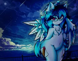 Size: 4096x3233 | Tagged: safe, artist:canvymamamoo, derpibooru import, oc, oc:canvy, unofficial characters only, anthro, pegasus, belly button, bipedal, blushing, both cutie marks, breasts, chest fluff, ear fluff, female, glasses, hair bun, heart eyes, image, jpeg, lidded eyes, looking at you, night, ocean, pegasus oc, solo, wingding eyes, wings