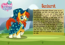 Size: 3014x2102 | Tagged: safe, artist:aleximusprime, derpibooru import, sunburst, pony, unicorn, flurry heart's story, beard, cape, character card, clothes, facial hair, glasses, hat, image, jpeg, male, older, stallion, wizard hat