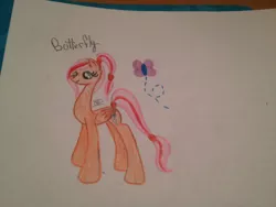 Size: 2048x1536 | Tagged: safe, artist:akajulester, derpibooru import, oc, oc:butterfly, unofficial characters only, butterfly, insect, pegasus, pony, colored pencil drawing, cutie mark, female, filly, image, jpeg, offspring, parent:big macintosh, parent:fluttershy, parents:fluttermac, solo, traditional art