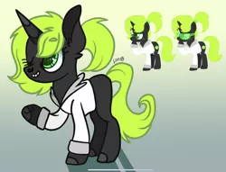 Size: 2181x1668 | Tagged: safe, artist:caramelbolt24, derpibooru import, oc, unofficial characters only, pony, unicorn, abstract background, clothes, ear fluff, eyelashes, eyes closed, freckles, grin, horn, image, jpeg, lab coat, one eye closed, raised hoof, reference sheet, signature, smiling, sunglasses, unicorn oc, wink