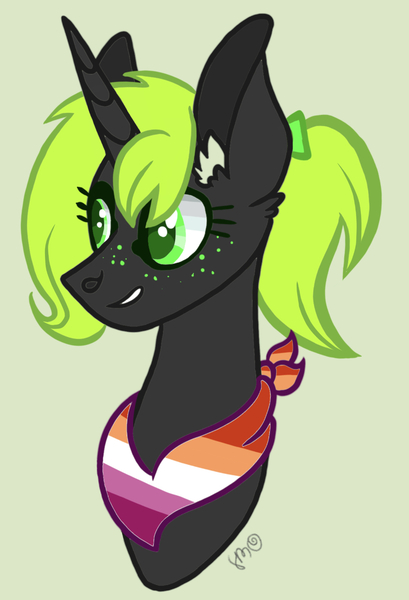 Size: 1110x1628 | Tagged: safe, artist:caramelbolt24, derpibooru import, oc, unofficial characters only, pony, unicorn, bow, bust, commission, ear fluff, eyelashes, freckles, green background, grin, hair bow, horn, image, jpeg, lesbian pride flag, neckerchief, pride, pride flag, signature, simple background, smiling, solo, unicorn oc, ych result
