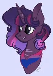 Size: 1124x1628 | Tagged: safe, artist:caramelbolt24, derpibooru import, oc, unofficial characters only, pony, unicorn, bisexual pride flag, bust, commission, ear fluff, eyelashes, gray background, grin, horn, image, jpeg, neckerchief, pride, pride flag, signature, simple background, smiling, solo, unicorn oc, ych result