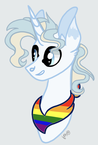 Size: 1115x1639 | Tagged: safe, artist:caramelbolt24, derpibooru import, oc, unofficial characters only, pony, unicorn, bust, commission, ear fluff, gay pride flag, gray background, grin, horn, image, jpeg, neckerchief, pride, pride flag, signature, simple background, smiling, solo, unicorn oc, ych result