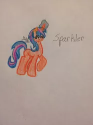 Size: 1280x1707 | Tagged: safe, artist:akajulester, derpibooru import, oc, oc:sparkler, unofficial characters only, pony, unicorn, blank flank, colored pencil drawing, eyes closed, female, filly, glowing horn, horn, image, jpeg, magic, offspring, parent:flash sentry, parent:twilight sparkle, parents:flashlight, solo, traditional art