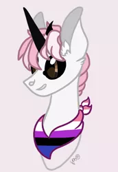 Size: 1123x1628 | Tagged: safe, artist:caramelbolt24, derpibooru import, oc, unofficial characters only, bicorn, pony, bisexual pride flag, black sclera, bust, commission, ear fluff, grin, horn, horns, image, jpeg, multiple horns, neckerchief, pride, pride flag, signature, simple background, smiling, solo, ych result