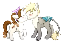 Size: 2664x1848 | Tagged: safe, artist:foxhatart, derpibooru import, oc, oc:lionhardt, oc:sugar pie, hippogriff, pony, unicorn, chibi, female, image, kissing, mare, png, simple background, transparent background