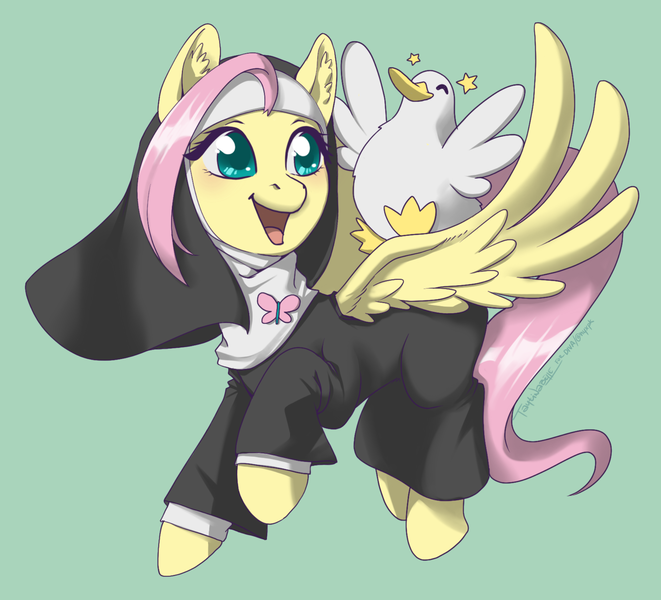Size: 2048x1860 | Tagged: safe, artist:taytinabelle, derpibooru import, bird, duck, pegasus, pony, cute, cutie mark accessory, ear fluff, female, flutternun, green background, habit, happy, image, mare, nun, png, simple background, smiling, solo, spread wings, wings