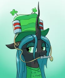 Size: 1000x1200 | Tagged: safe, artist:rocket-lawnchair, derpibooru import, queen chrysalis, changeling, changeling queen, clothes, clover, drinking hat, female, four leaf clover, hat, holiday, image, png, saint patrick's day, shirt
