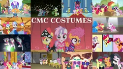 Size: 1280x721 | Tagged: safe, derpibooru import, edit, edited screencap, editor:quoterific, screencap, apple bloom, ruby pinch, scootaloo, sweetie belle, truffle shuffle, earth pony, pegasus, pony, undead, unicorn, zombie, zombie pony, 28 pranks later, a canterlot wedding, flight to the finish, for whom the sweetie belle toils, growing up is hard to do, hard to say anything, make new friends but keep discord, one bad apple, ponyville confidential, scare master, stare master, the show stoppers, twilight time, animal costume, armor, beret, bipedal, bow, cape, chair, clothes, clown wig, cmc cape, cookie zombie, costume, cutie mark crusaders, director's chair, disguise, dress, eyes closed, fake moustache, fedora, female, filly, filly guides, flower girl dress, funny make-up, gala dress, glasses, goggles, groucho mask, hair bow, hammer, hat, head mirror, helmet, image, lantern, male, mouth hold, nightmare night costume, older, older apple bloom, older cmc, older scootaloo, older sweetie belle, open mouth, pirate hat, png, rainbow muzzle, royal guard, scooter, shocked, show stopper outfits, sitting, spotlight, stethoscope, sun hat, sunglasses, teeth, trio, trio female, trio focus, typewriter, uniform, wedding dress, wig, wonderbolts uniform