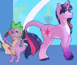 Size: 1004x851 | Tagged: safe, artist:mlpandlpsprincess, derpibooru import, spike, twilight sparkle, classical unicorn, dragon, pony, unicorn, friendship is magic, cloven hooves, duo, female, image, leonine tail, male, mare, png, quill, scene interpretation, scroll, unicorn twilight, unshorn fetlocks