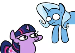 Size: 427x303 | Tagged: safe, artist:egophiliac, artist:jargon scott, derpibooru import, edit, trixie, twilight sparkle, pony, unicorn, duo, female, image, inconvenient trixie, looking at each other, mare, png, simple background, squatpony, twiggie, unicorn twilight, white background