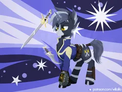 Size: 1600x1200 | Tagged: safe, artist:willoillo, derpibooru import, oc, oc:shadow strike, unofficial characters only, hybrid, pony, unicorn, zony, fallout equestria, dagger, fallout equestria: guardians of the wastes, horn, image, png, solo, sword, unicorn oc, weapon, zony oc