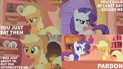 Size: 1280x720 | Tagged: safe, derpibooru import, edit, edited screencap, editor:quoterific, screencap, applejack, rarity, earth pony, pony, unicorn, look before you sleep, applejack's hat, cowboy hat, duo, duo female, eyes closed, female, floppy ears, golden oaks library, hat, image, library, misspelling, open mouth, png, rain, solo
