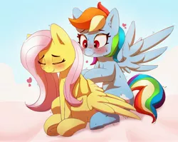 Size: 3486x2777 | Tagged: safe, artist:pabbley, derpibooru import, fluttershy, rainbow dash, pegasus, pony, back massage, blushing, cloud, ear fluff, ears, enjoying, female, flutterdash, frog (hoof), heart, heart eyes, image, jpeg, lesbian, lip bite, mare, massage, on a cloud, shipping, sitting, sitting on cloud, smiling, spread wings, underhoof, wavy mouth, wingboner, wingding eyes, wings