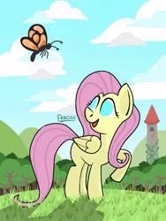 Size: 768x1024 | Tagged: safe, artist:fraciss, derpibooru import, fluttershy, butterfly, insect, pony, egasus, female, forest, image, jpeg, mare, missing cutie mark, no pupils, solo, tower, tree