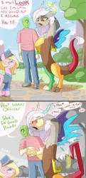 Size: 1269x2632 | Tagged: safe, artist:nignogs, discord, oc, oc:anon, draconequus, earth pony, human, pony, (you), /mlp/, 2 panel comic, 4chan, blushing, comic, dialogue, eris, female, flustered, halo, holding hands, image, mare, park, png, police, ponice, reversed gender roles equestria, reversed gender roles equestria general, rule 63, speech bubble