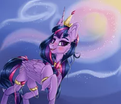 Size: 4000x3423 | Tagged: safe, derpibooru import, twilight sparkle, alicorn, pony, blushing, crown, horn, image, jewelry, painted hooves, png, purple eyes, purple mane, regalia, smiling, solo, wings