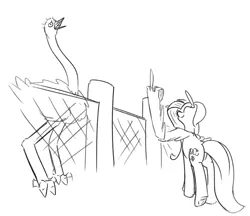 Size: 1123x971 | Tagged: safe, artist:cammy, fluttershy, bird, ostrich, pegasus, pony, /mlp/, 4chan, black and white, drawthread, eyes closed, female, fence, flipping off, grayscale, image, mare, monochrome, png, shocked, simple background, sketch, smiling, solo, underhoof, white background, wing hands, wings