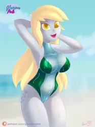 Size: 1280x1707 | Tagged: suggestive, artist:glamourpink, derpibooru import, derpy hooves, human, equestria girls, arms in the air, beach, clothes, cutie mark on human, female, image, jpeg, ocean, one-piece swimsuit, shiny, skintight clothes, solo, solo female, swimsuit