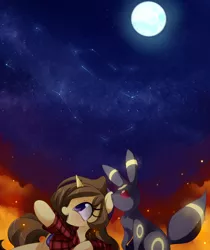 Size: 1598x1900 | Tagged: safe, artist:loyaldis, derpibooru import, oc, oc:astral flare, firefly (insect), insect, pony, umbreon, unicorn, beanie, constellation, cute, flannel, hat, image, moon, night, png, pokémon, stars
