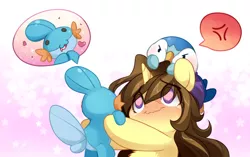 Size: 1666x1045 | Tagged: safe, artist:loyaldis, derpibooru import, oc, oc:astral flare, mudkip, piplup, pony, unicorn, angry, anime style, beanie, cute, derp, female, hat, heart eyes, image, png, pokémon, sparkles, wingding eyes