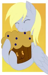 Size: 817x1274 | Tagged: safe, artist:beadedwolf22, derpibooru import, derpy hooves, pony, unicorn, border, eyes closed, female, food, hug, image, mare, muffin, plushie, png, simple background, solo, that pony sure does love muffins, yellow background