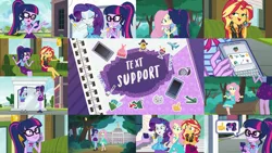 Size: 1280x722 | Tagged: safe, derpibooru import, edit, edited screencap, editor:quoterific, screencap, fluttershy, rarity, sci-twi, sunset shimmer, timber spruce, twilight sparkle, equestria girls, equestria girls series, text support, text support: rarity, bowtie, canterlot high, clothes, crossed arms, cutie mark, cutie mark on clothes, forest, geode of empathy, geode of fauna, geode of shielding, geode of telekinesis, glasses, high heels, hug, image, jpeg, lip bite, magical geodes, message, mobile phone, mug, phone, ponytail, rarity peplum dress, shoes, smartphone, statue, text support: fluttershy, text support: sunset shimmer, thumbs up, tree
