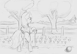 Size: 1300x919 | Tagged: safe, artist:barhandar, oc, oc:panne, unofficial characters only, bat pony, pony, bipedal, bipedal leaning, black and white, butt, canterlot, farm, female, food, gray background, grayscale, image, leaning, mare, monochrome, plot, png, potato, proud, scenery, shovel, simple background, sketch, solo, tail wrap