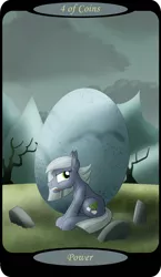 Size: 1500x2591 | Tagged: safe, artist:sixes&sevens, derpibooru import, part of a set, limestone pie, earth pony, cloud, dead tree, female, four of coins, holder's boulder, image, minor arcana, mountain, mountain range, overcast, png, rock farm, sitting, solo, tarot card, tree