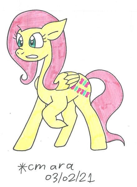 Size: 942x1286 | Tagged: safe, artist:cmara, derpibooru import, fluttershy, pegasus, pony, female, image, jpeg, mare, raised hoof, simple background, solo, traditional art, white background