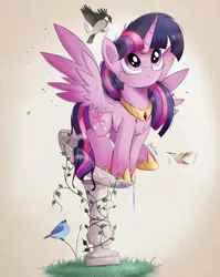 Size: 2700x3400 | Tagged: safe, artist:bugplayer, derpibooru import, twilight sparkle, alicorn, bird, behaving like a bird, bird bath, derpibooru exclusive, grass, image, jewelry, necklace, png, simple background, solo, twilight sparkle (alicorn), vine