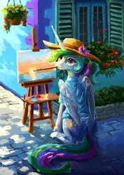 Size: 764x1080 | Tagged: safe, artist:plainoasis, derpibooru import, princess celestia, alicorn, pony, alternate hairstyle, brush, clothes, cute, cutelestia, easel, female, flower, folded wings, hairclip, hat, horn, house, image, looking at you, looking back, looking back at you, mare, mouth hold, multicolored hair, paint, paintbrush, painting, pink eyes, plant, png, ponytail, potted plant, rose, shirt, sitting, smiling, smiling at you, solo, street, sunset, window, wings